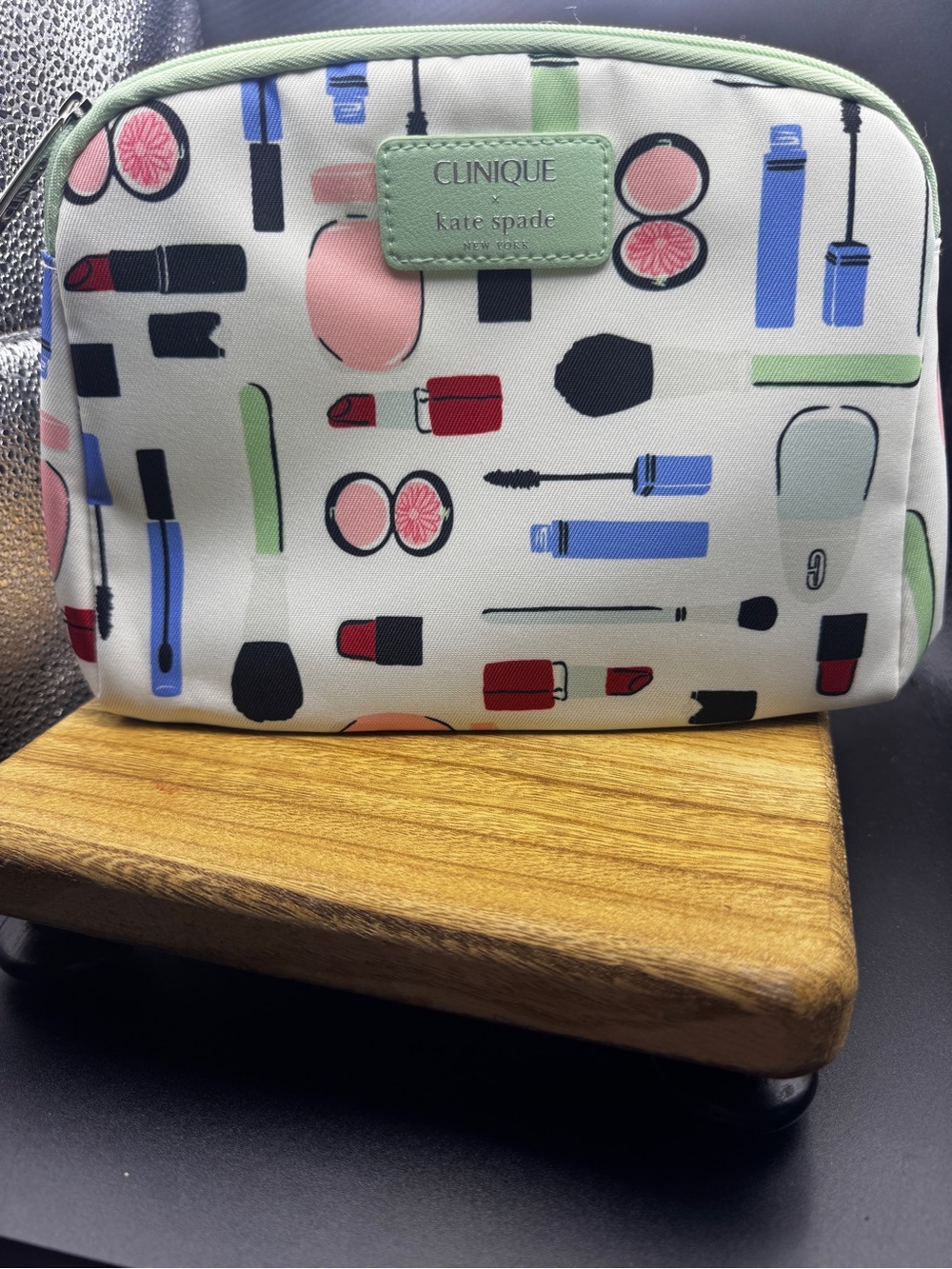 kate spade x Clinique White Cosmetic Bag with Pink, Blue & Green Print